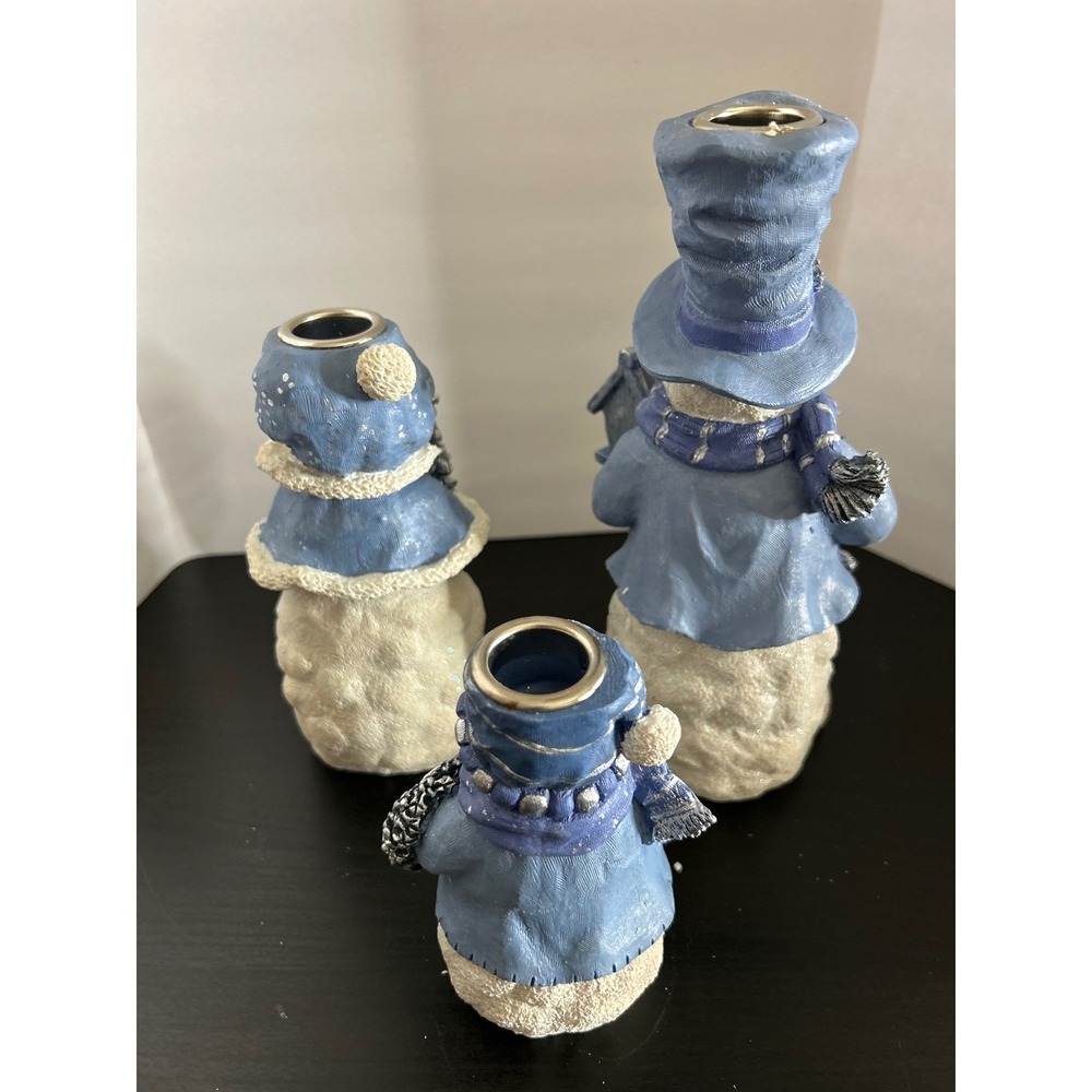 Candle Holder Set Christmas Blue Snowman Resin Taper Trio Collectible Decor New - Picture 3 of 7